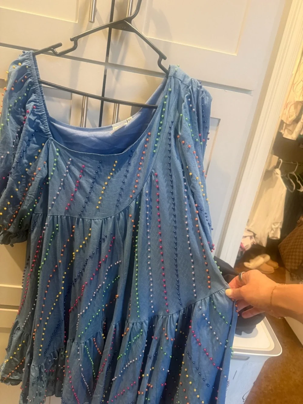 QUEEN OF SPARKLES Blue Asymmetrical Dress with Multicolor Beaded Accents - Picture 2 of 3